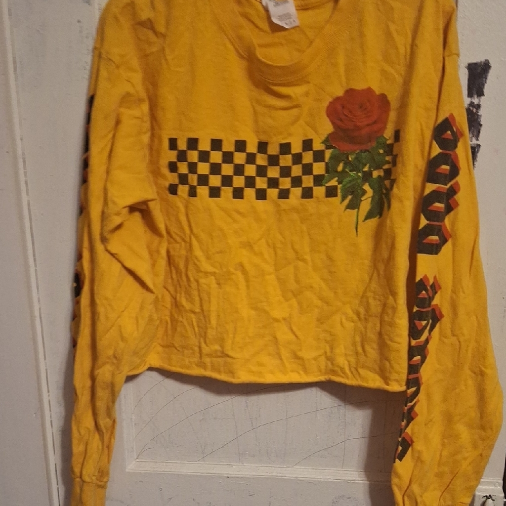 Gildan Yellow Long Sleeve Tee with Rose and Checkered Design